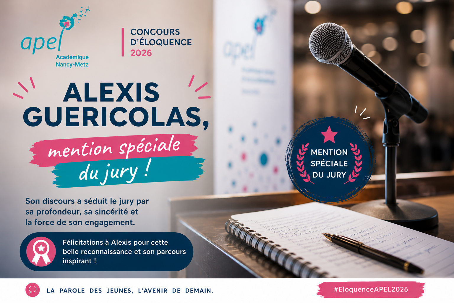 Concours d’Éloquence APEL 2026 : Alexis GUERICOLAS reçoit une mention spéciale du jury