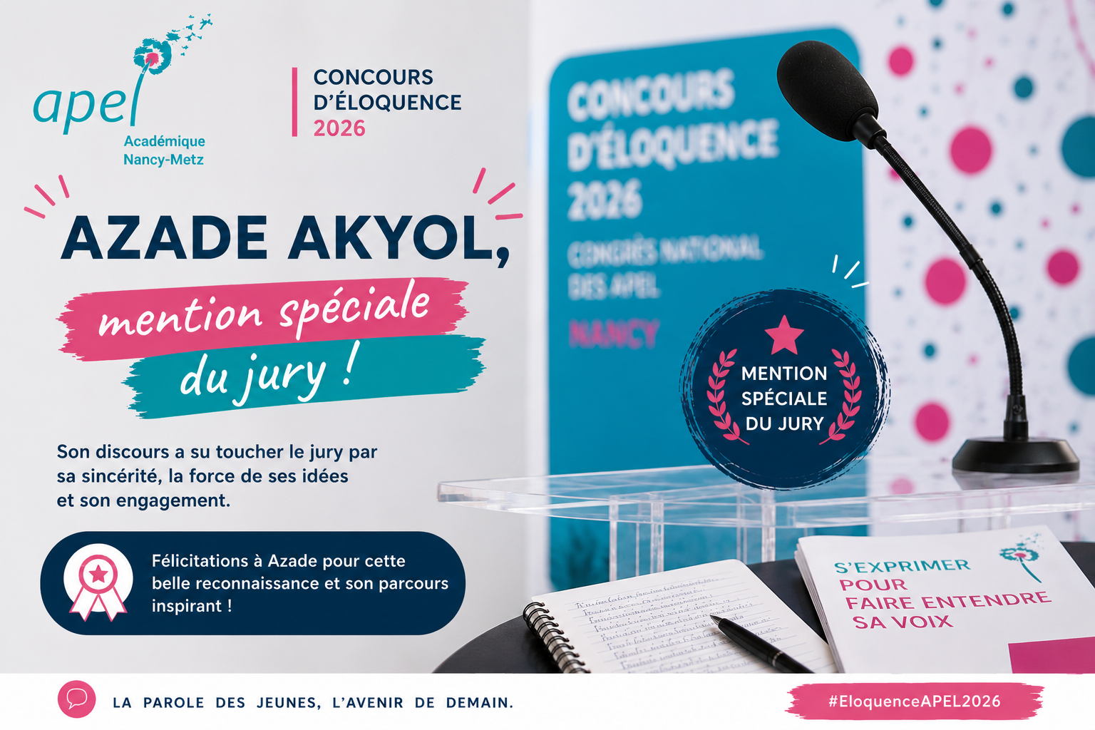Concours d’Éloquence APEL 2026 : Azade AKYOL reçoit une mention spéciale du jury