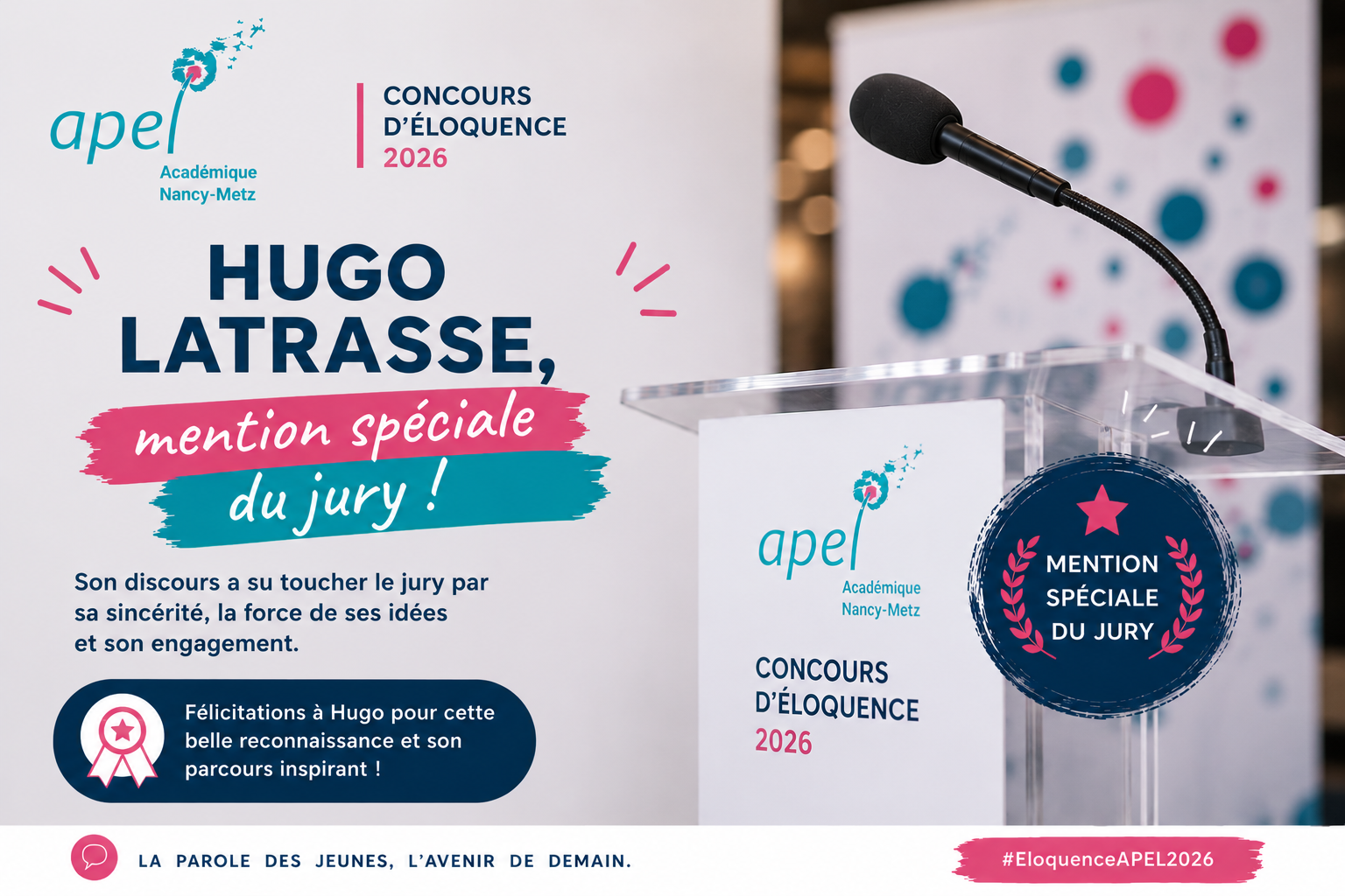 Concours d’Éloquence APEL 2026 : Hugo LATRASSE reçoit une mention spéciale du jury